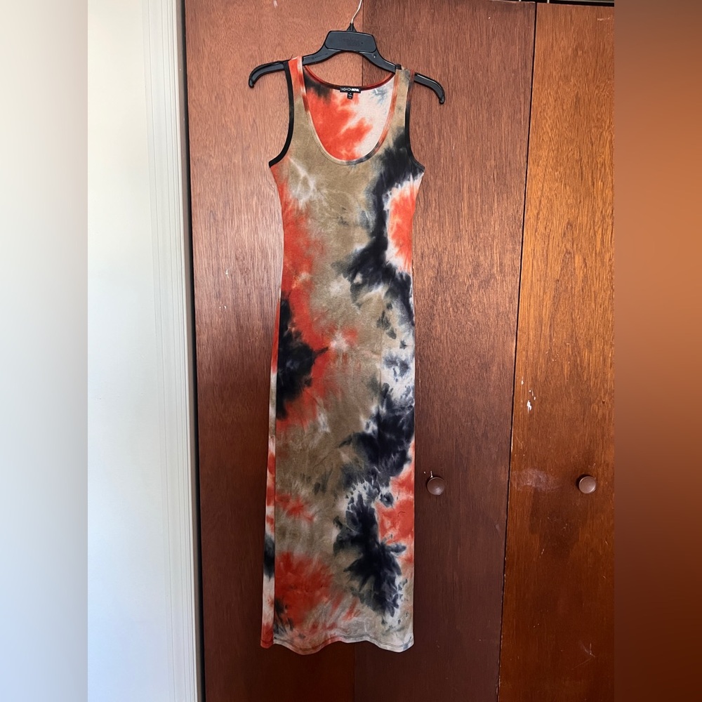 Fashion Nova Rust, Black & Olive Tie-Dye Scoop Neck Maxi Dress